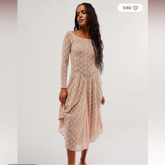 Free People Boho NWT Dial For Drama Dusty Rose Lace Midi Slip Dress | Size Med - Picture 4 of 12